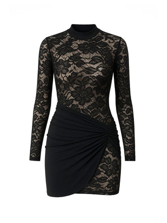 1960s Sheer Lace Bodycon Dress with Draped Skirt