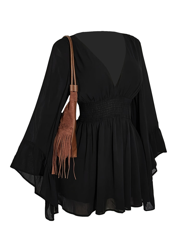 [Plus Size] Black 1980s Solid V-Neck Flare Dress