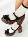 Retro Leather Strawberry Bow Chunky Heels