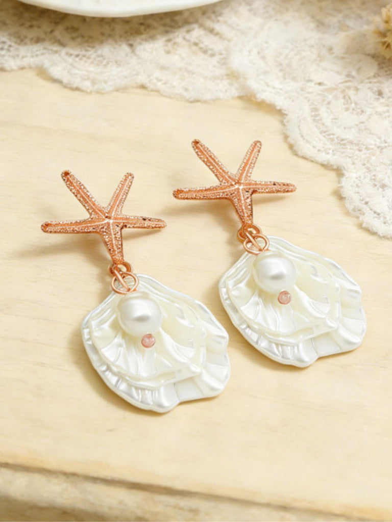 Gold Starfish Shell Pearl Drop Earrings