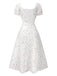 White 1930s Floral Square Neck Puff Sleeve Dress