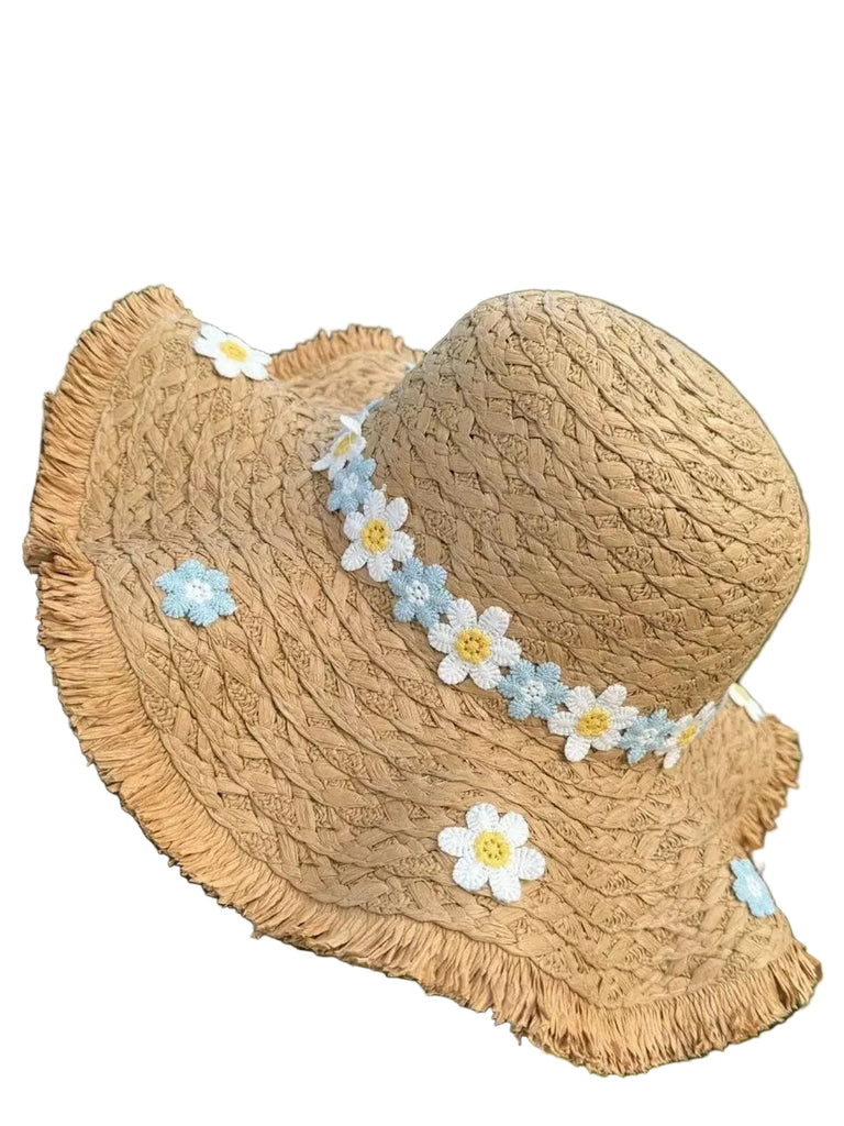 Vintage 3D Daisy Raffia Fringe Brim Sun Hat