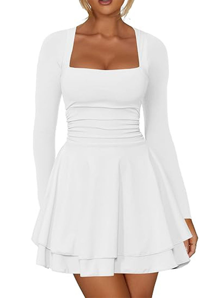 1980s Solid Fitted Square Neck Long Sleeve Dress