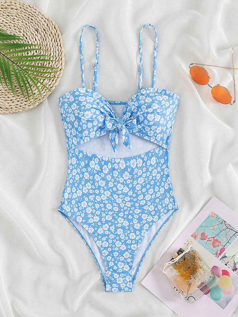 Blue 1950s Spaghetti Straps Hollow Floral Swimsuit