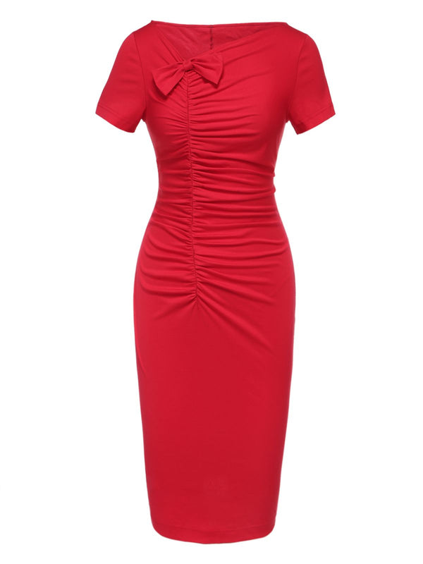 Women's Vintage Bow-Neck Ruched Formal Cocktail Sheath Dress Red,M