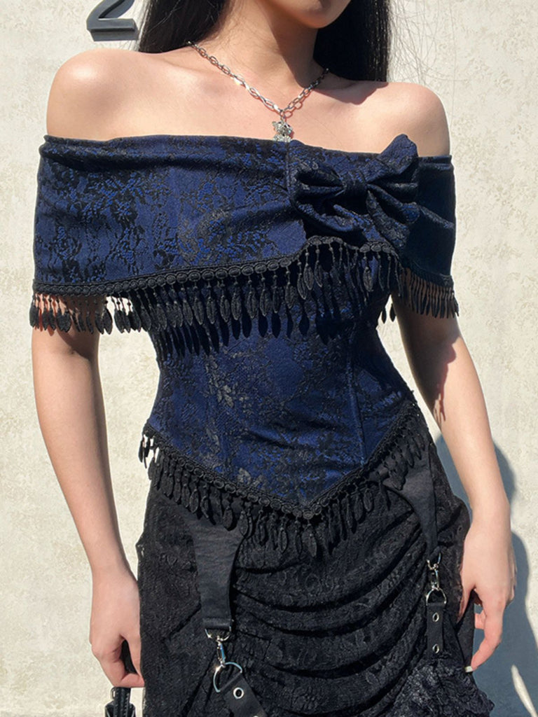 Dark Blue 1930s Halloween Off-Shoulder Lace Tassel Top