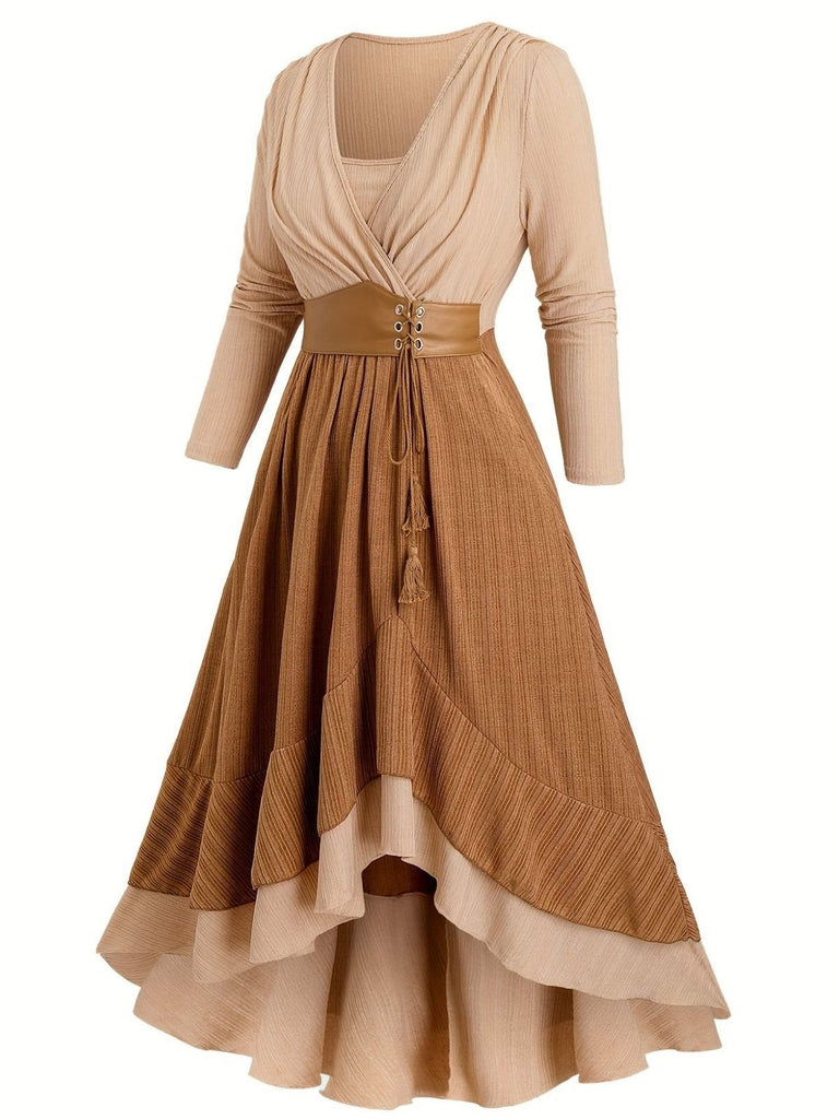 [Plus Size] 1970s Boho Tie Tassel Hem Ruffle Ribbed Dress