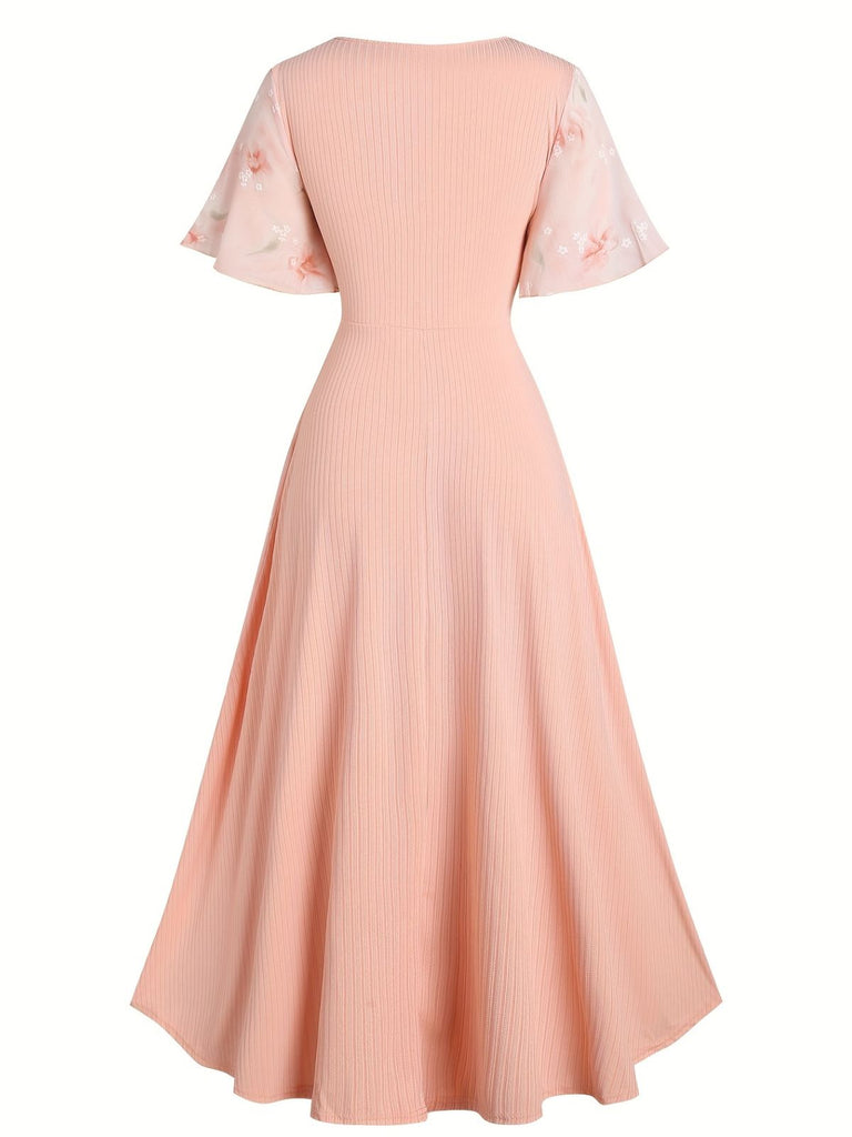 [Plus Size] Pink 1970s Floral Ruffled Irregular Hem Dress