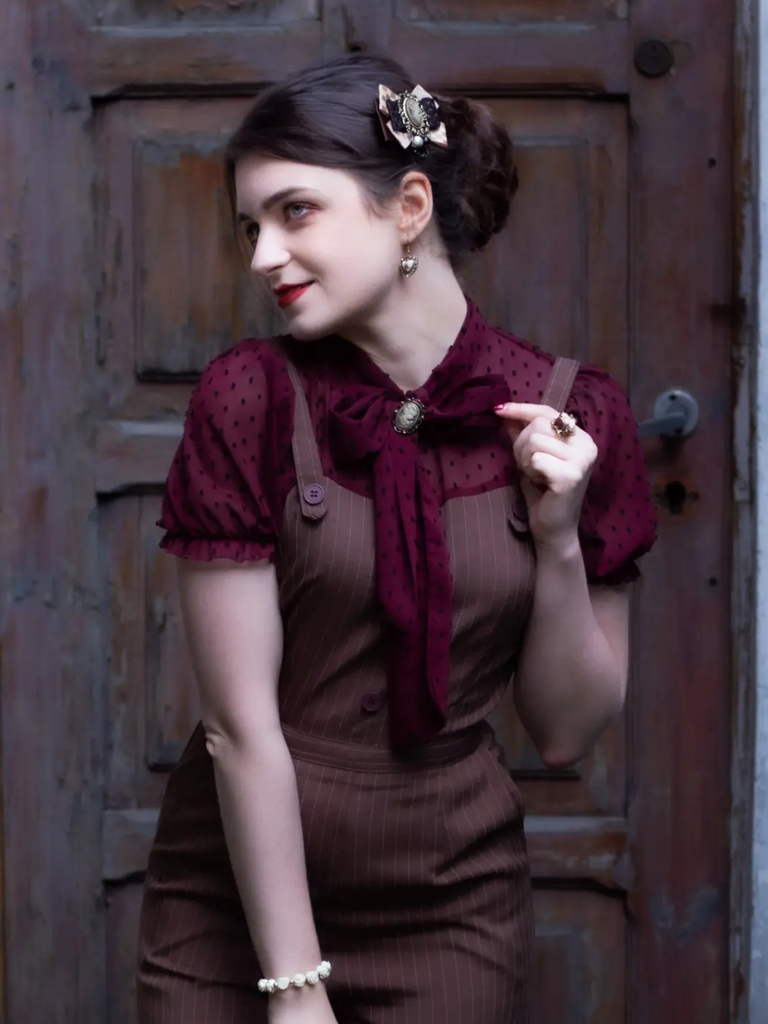 Red 1930s Mesh Patchwork Vertical Stripe Jumpsuit