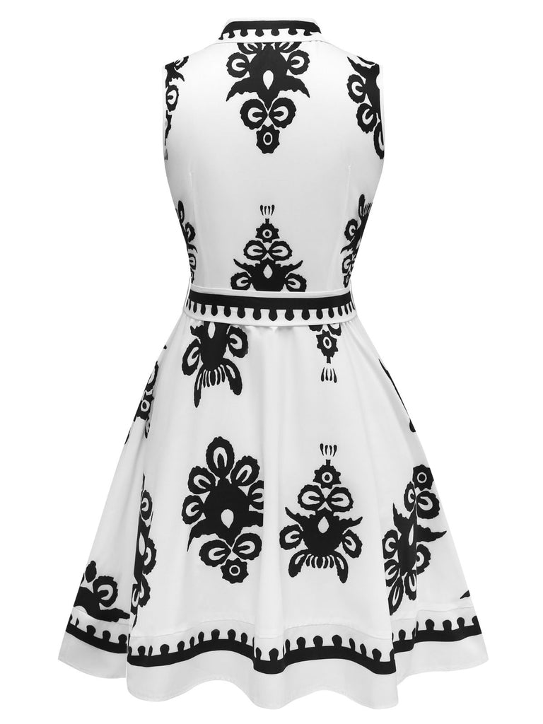 White 1950s Shirt Neck Sleeveless Belted Dress