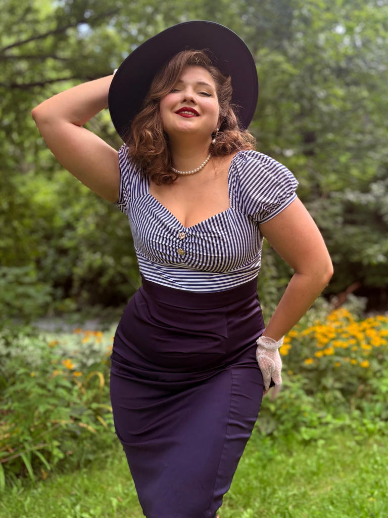 Dark Blue 1960s Striped Puff Sleeves Pencil Dress