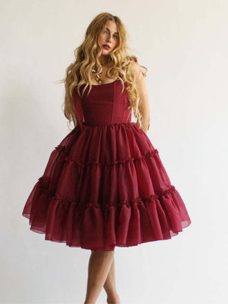 1950s Solid Multi-Layered Ruffle Tulle Dress