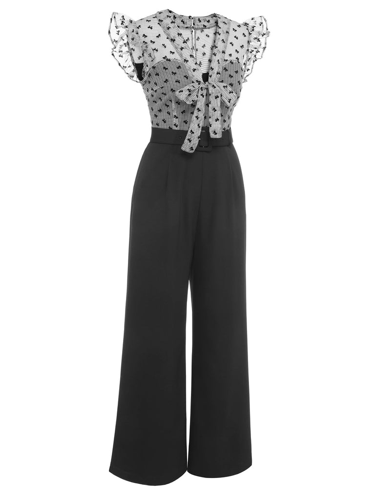 [US Warehouse] Black 1930s Mesh Bow-knot Patchwork Jumpsuit