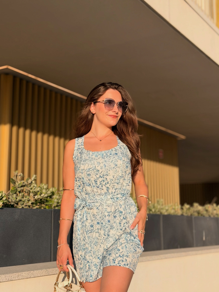 Blue 1950s Floral Square Neck Sleeveless Romper