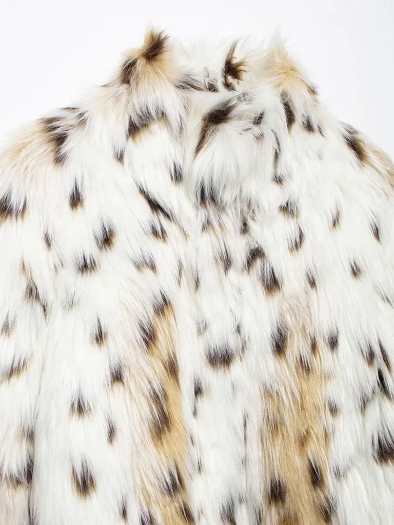 White 1980s Reindeer Print Faux Fur Jacket