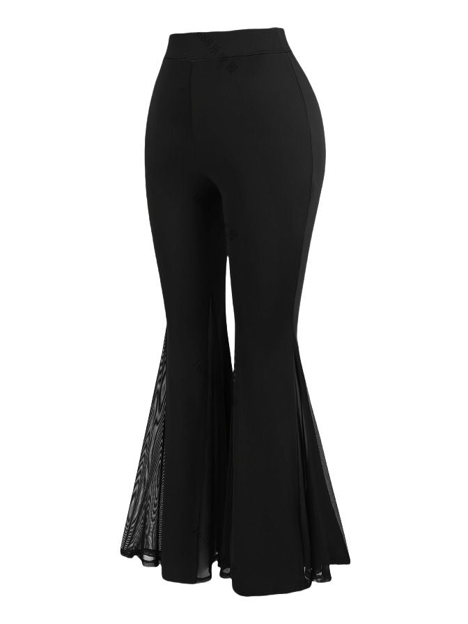 [Plus Size] Black 1930s High-Waist Mesh Panels Flare Pants