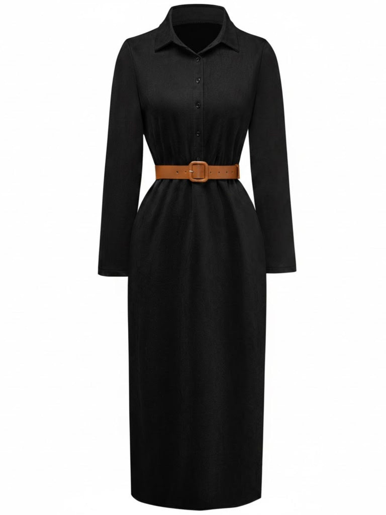 1930s Suede Button-Front Belted Shirt Dress