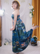 Blue 1950s Water Lily Sweetheart Strapless Dress