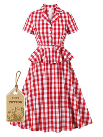 Red 1950s Pure Cotton Gingham Plaids Belted Dress