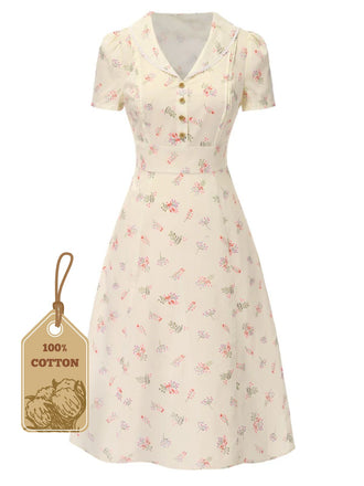 Pure Cotton Beige 1940s Puff Sleeves Floral Dress