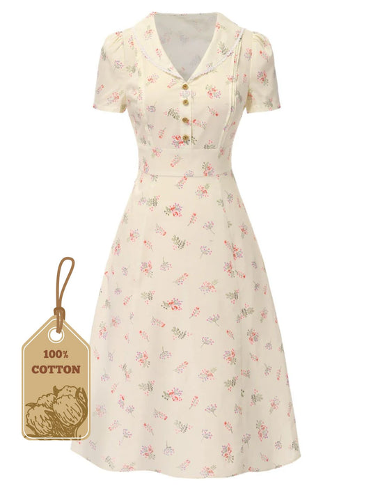 Pure Cotton Beige 1940s Puff Sleeves Floral Dress