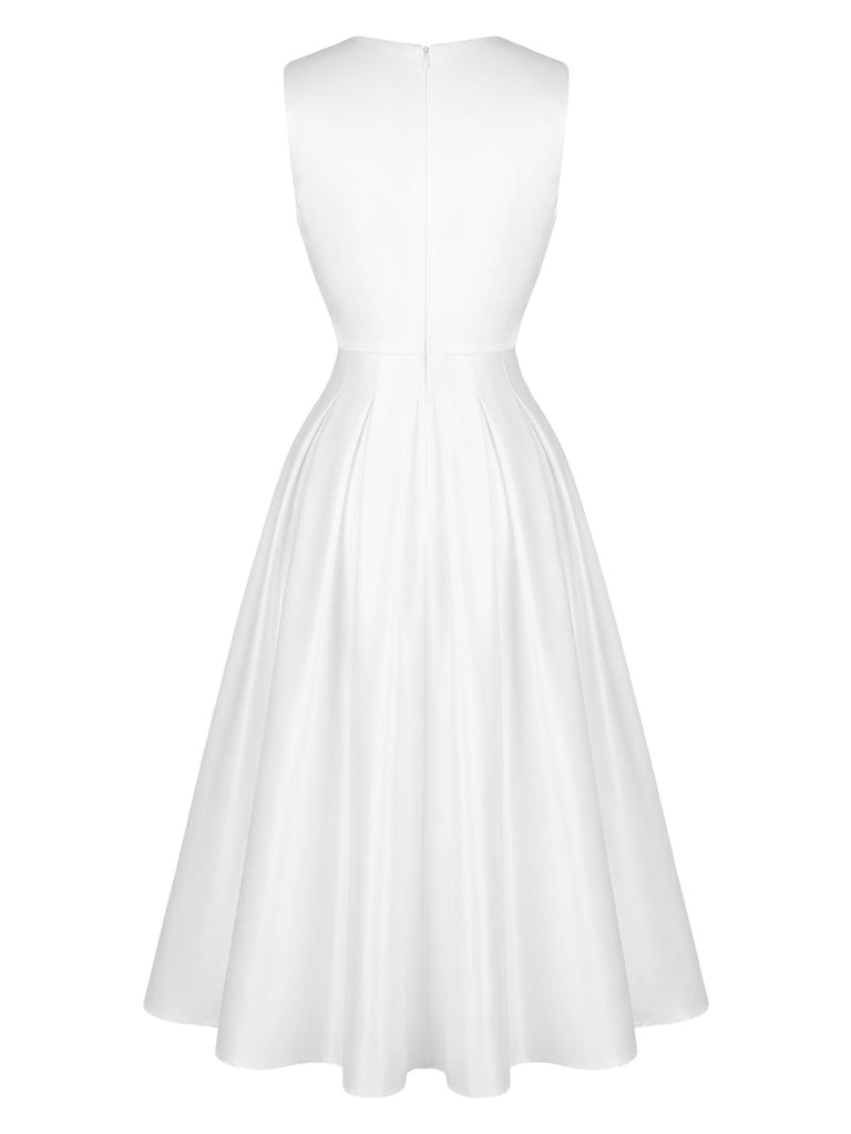 White 1950s Solid Sleeveless V-Neck Button Dress