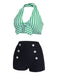 Green Retro Halter Stripes Bikini Set