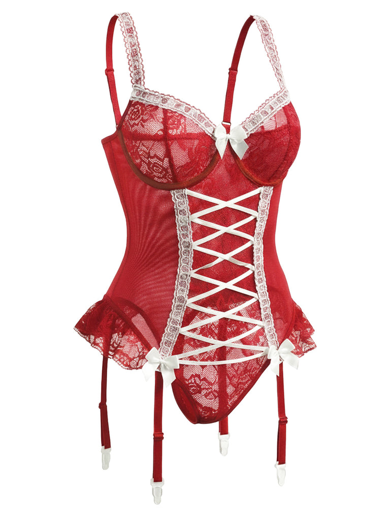 Red 1960s Lace Bow Corset Lingerie With Stocking