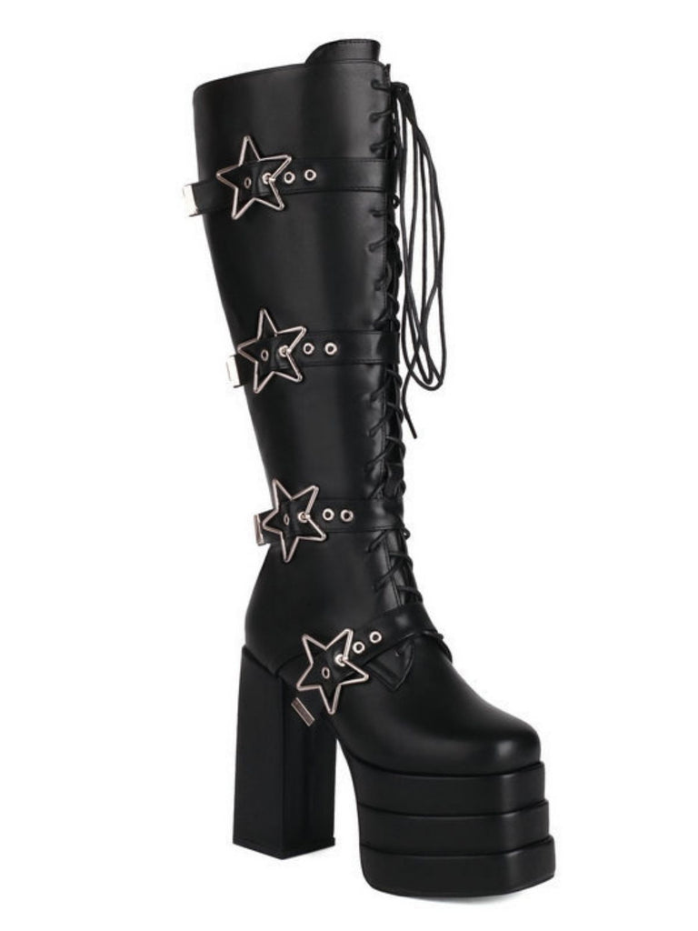 Black Star Button Gothic Platform High Heels Boots
