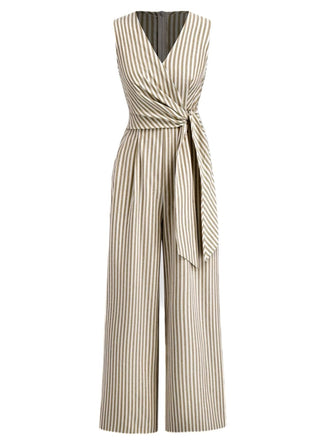 1940s V-Neck Striped Tie-Waist Sleeveless Jumpsuit