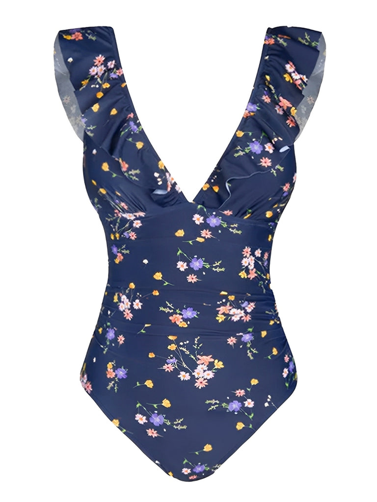 Multicolor 1950s Floral Ruffled Back Cut-Out Swimsuit