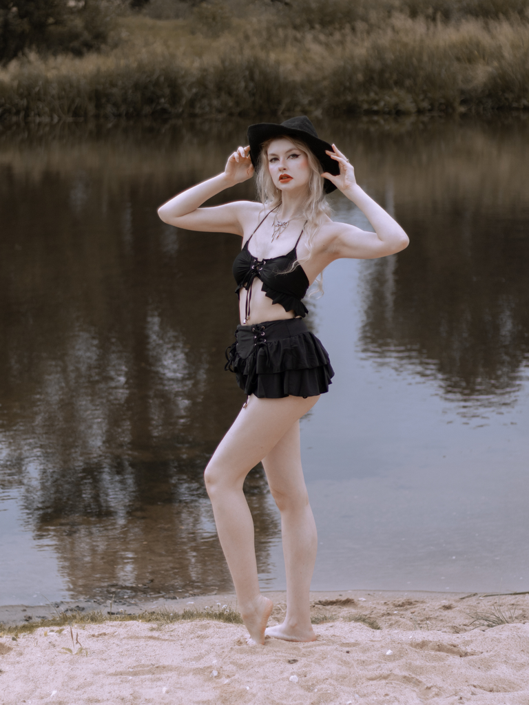 Black 1950s Halter Lace Up Bikini Set & Tiered Cover Up