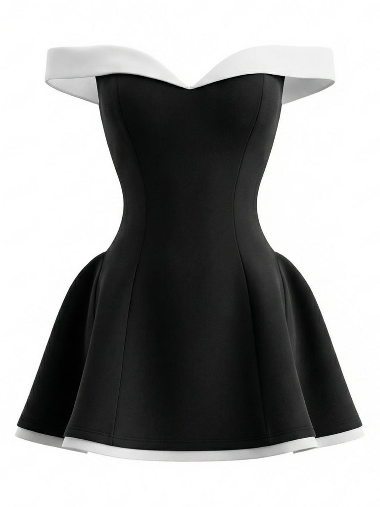 1960s Off-Shoulder Fit Solid Mini Dress