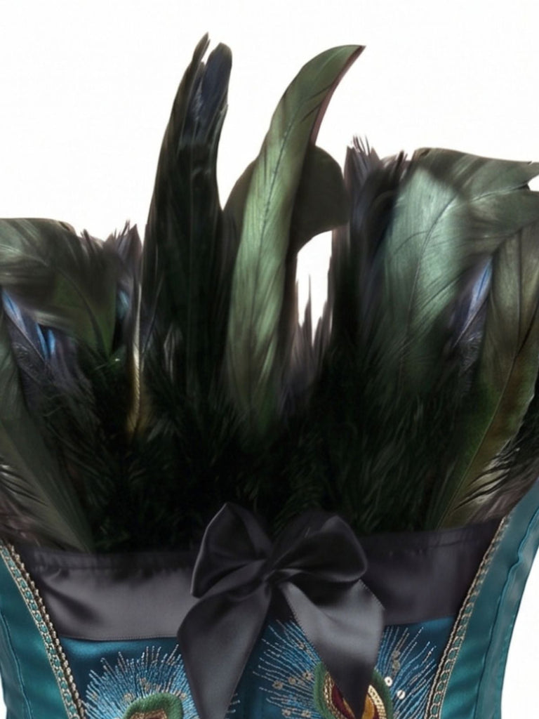 2PCS 1930s Peacock Feather Embroidered Corset & Mesh Pleated Skirt