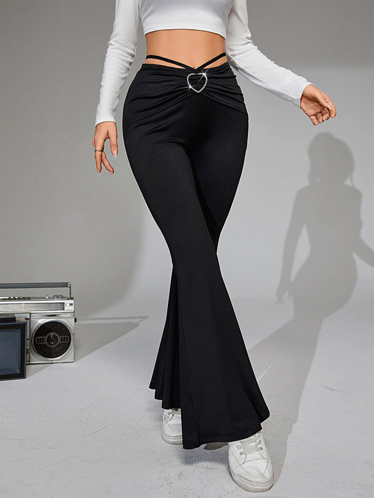 Black 1950s Heart Rhinestone Ruched Bootcut Pants
