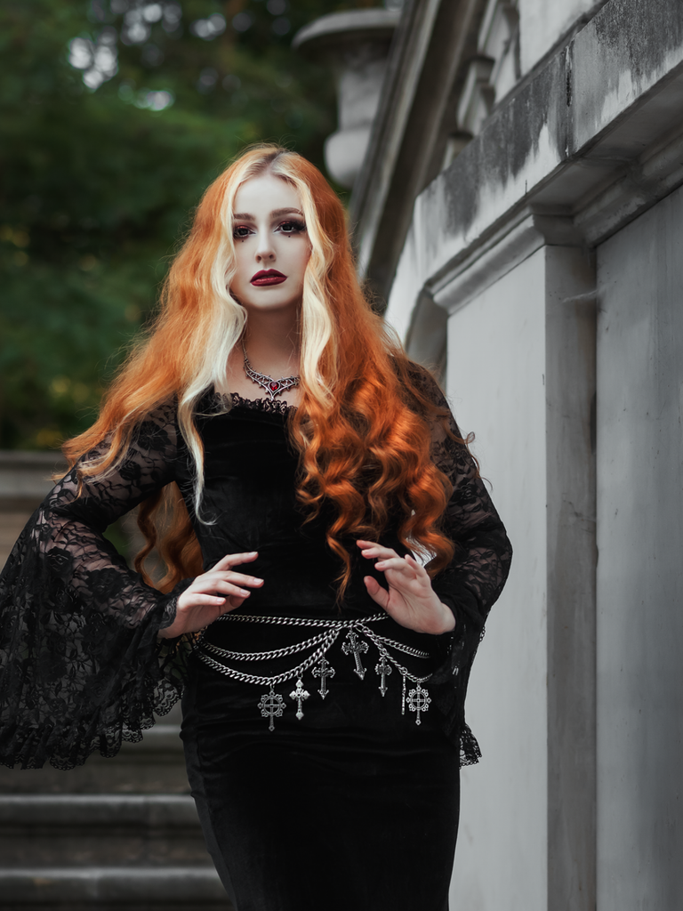 Black 1930s Lace Sleeve Velvet Fishtail Dress