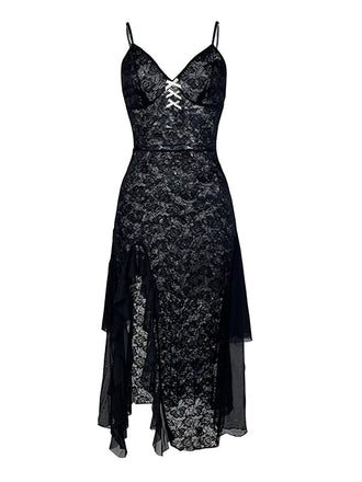 Black 1950s Sheer Floral Lace Deep-V Slit Nightgown
