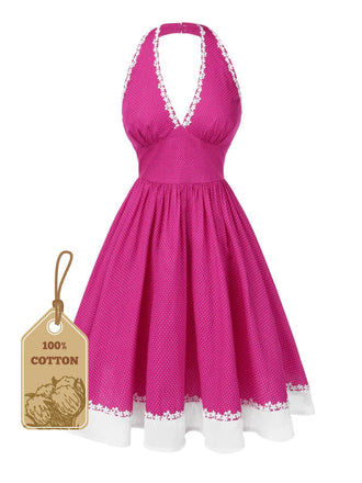 Pink 1950s Polka Dots Halter Cotton Dress