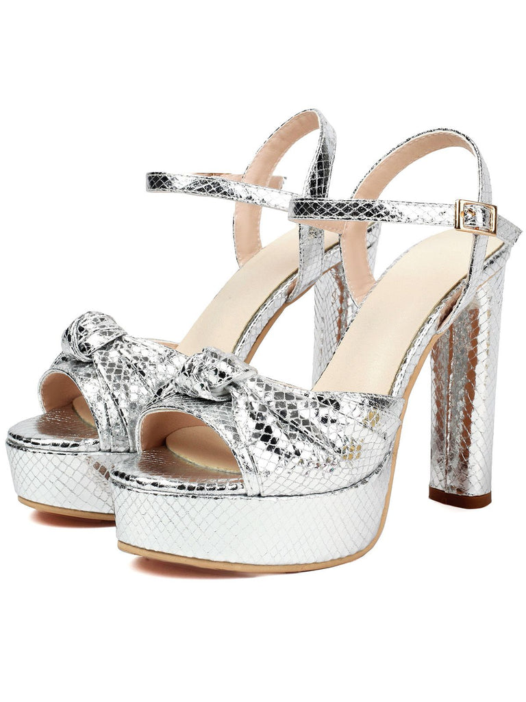 Metallic Snake Print Chunky High Heel Sandals