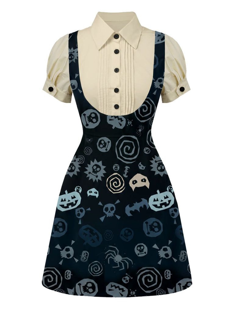 [Pre-Sale] Dark Blue 1960s Halloween Pumpkin Skull Print Suspender Dress
