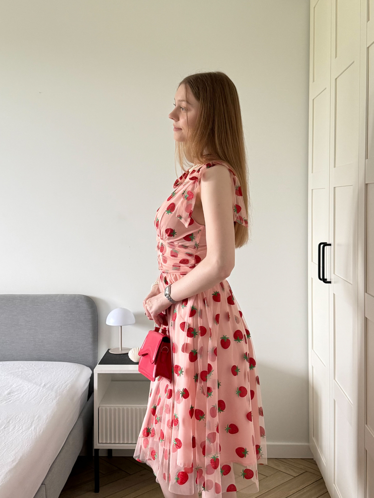 Pink 1950s Strawberry Mesh Swing Dress