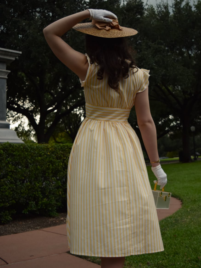Light Yellow 1950s Stripe Ruffle Collar Tie Waist Dress