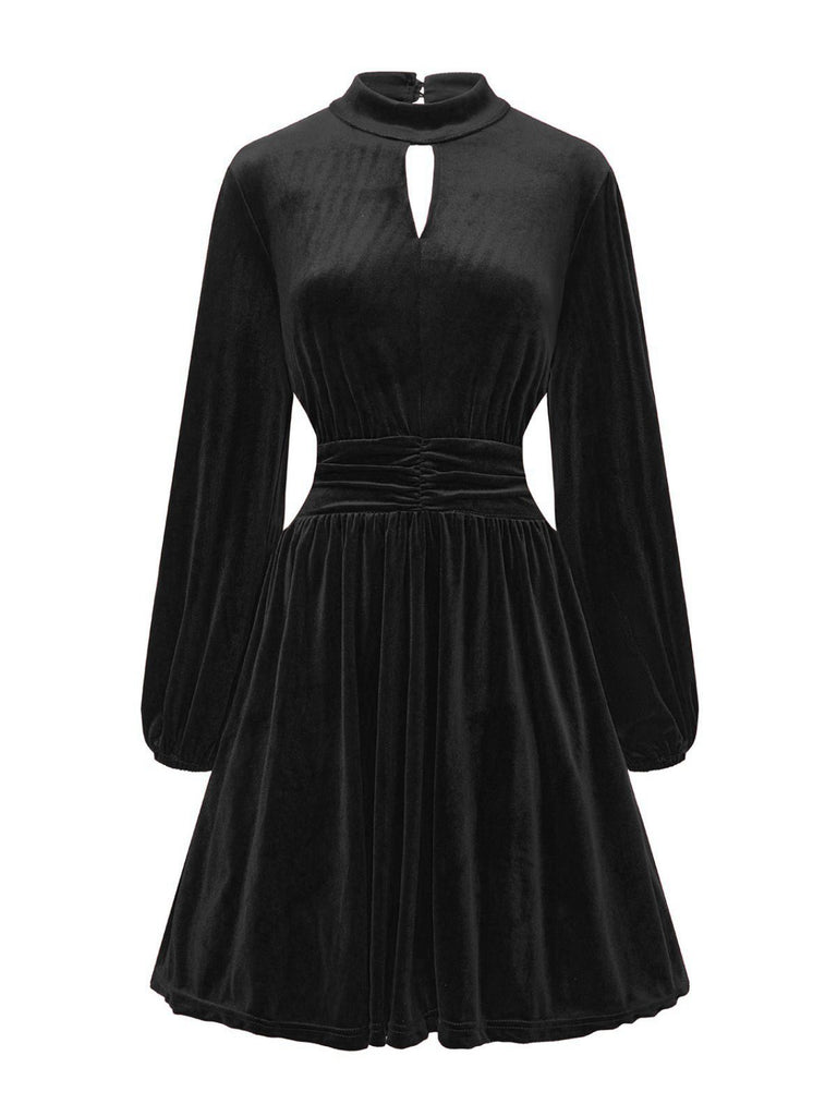 1940s Velvet Cutout Pleated Lantern Sleeve Dress