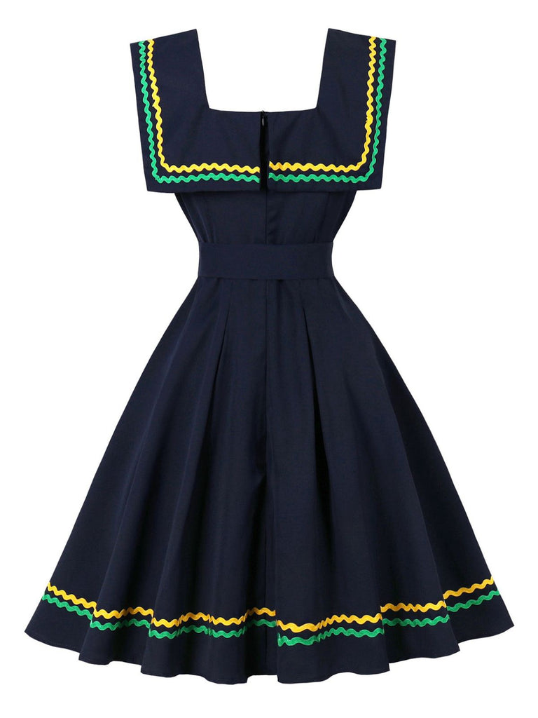 Navy Blue 1950s Square Neck Wavy Striped Sleeveless Dress