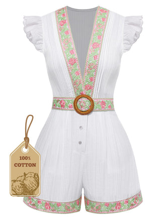 [Pre-Sale] White 1970s V-Neck Cotton Bohemian Embroidered Romper