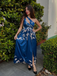 Blue 1940s One-Shoulder Plants Slit Dress