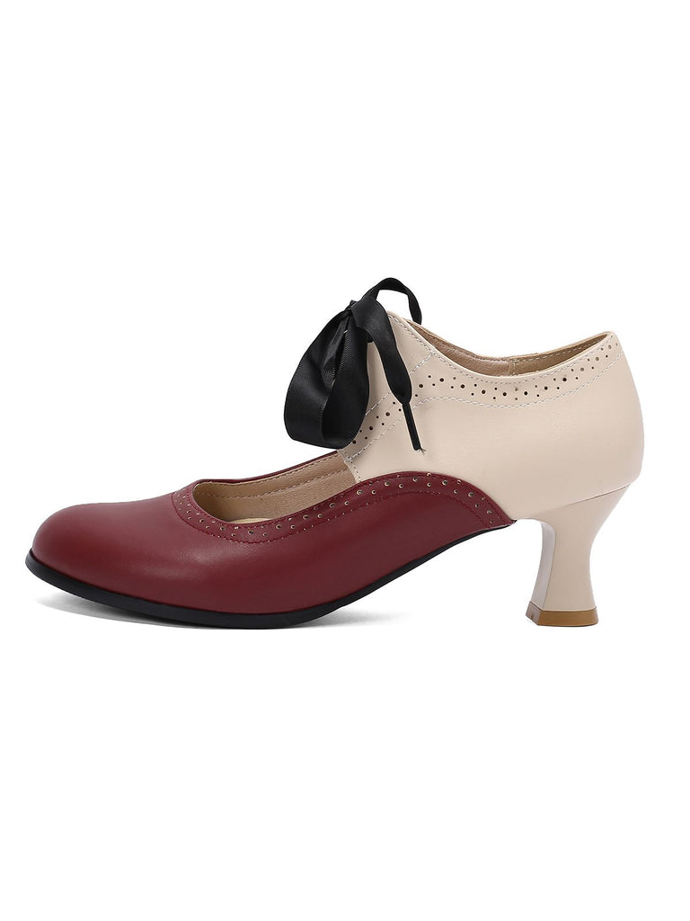 Vintage Colorblock Lace-Up Kitten Heel Shoes