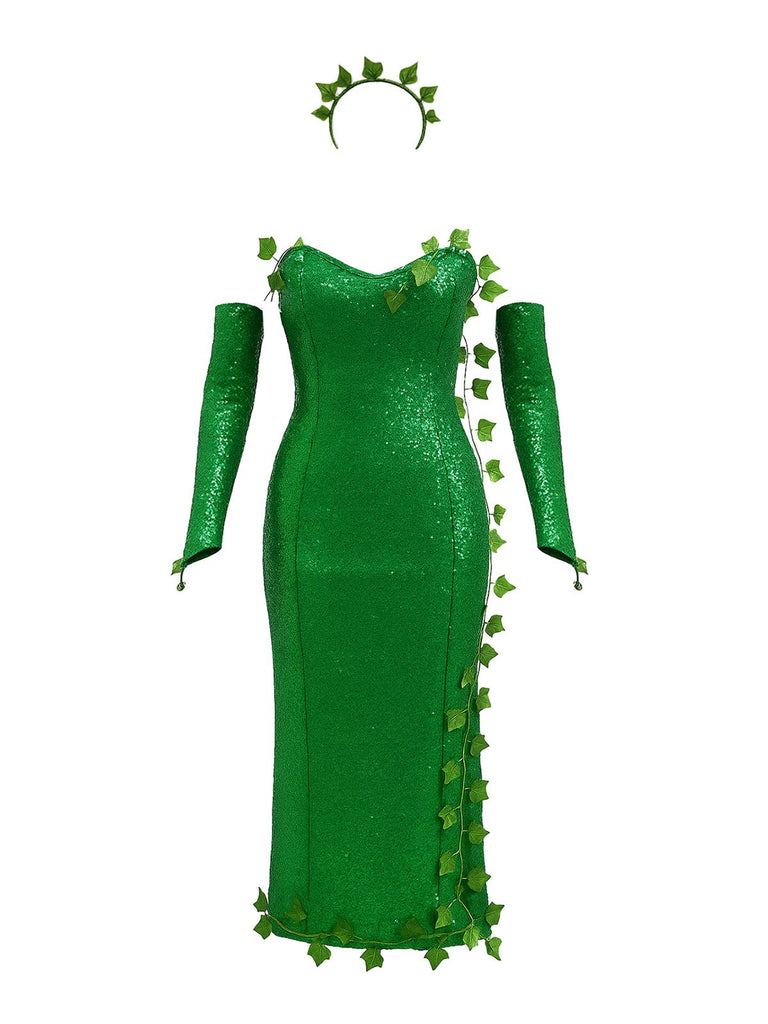 Green 1970s Multi-Leaf Headband & Sequin Dress Set