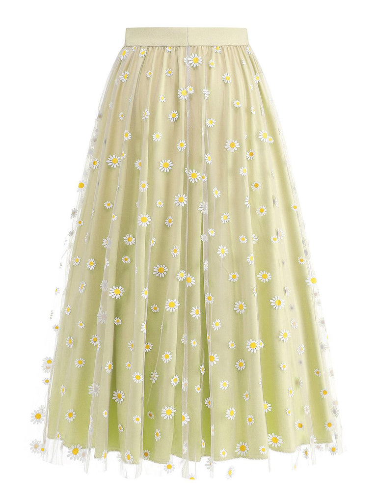 1940s Daisy Mesh High Waist A-Line Skirt