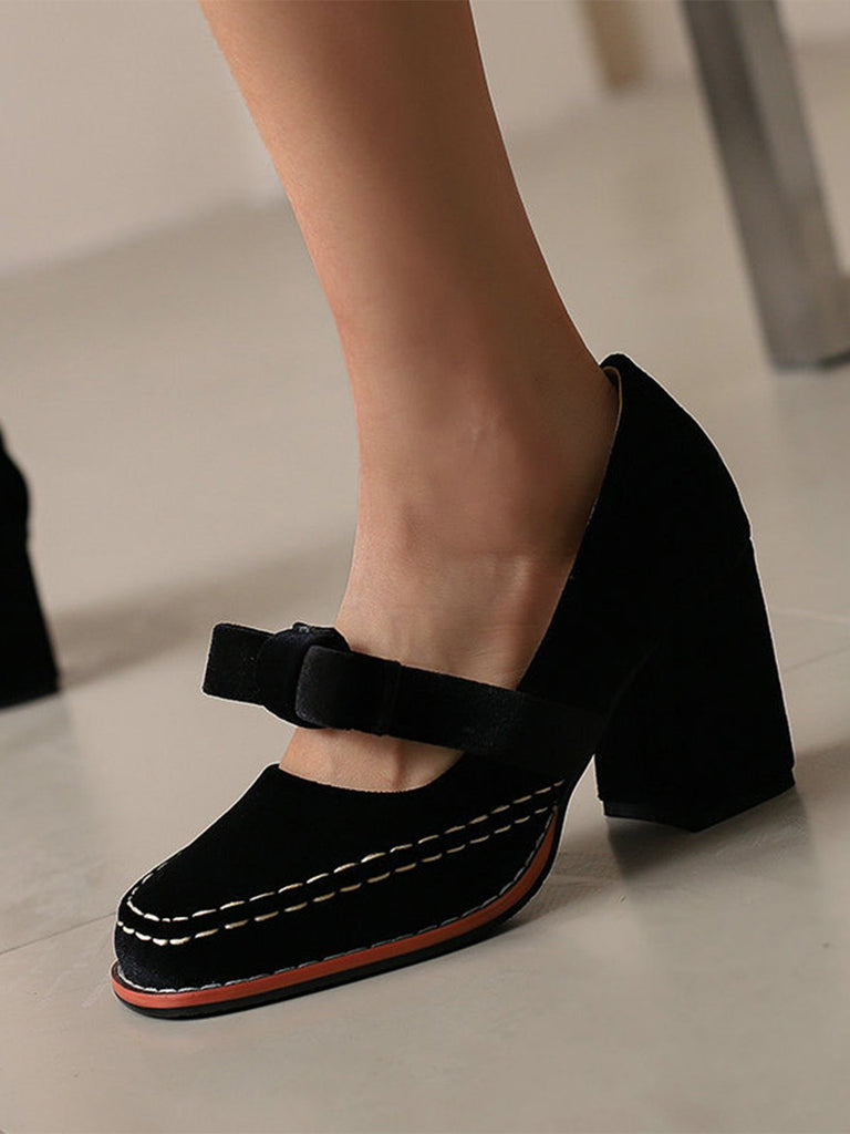 Solid Suede Mary Jane Bow Detail Pumps